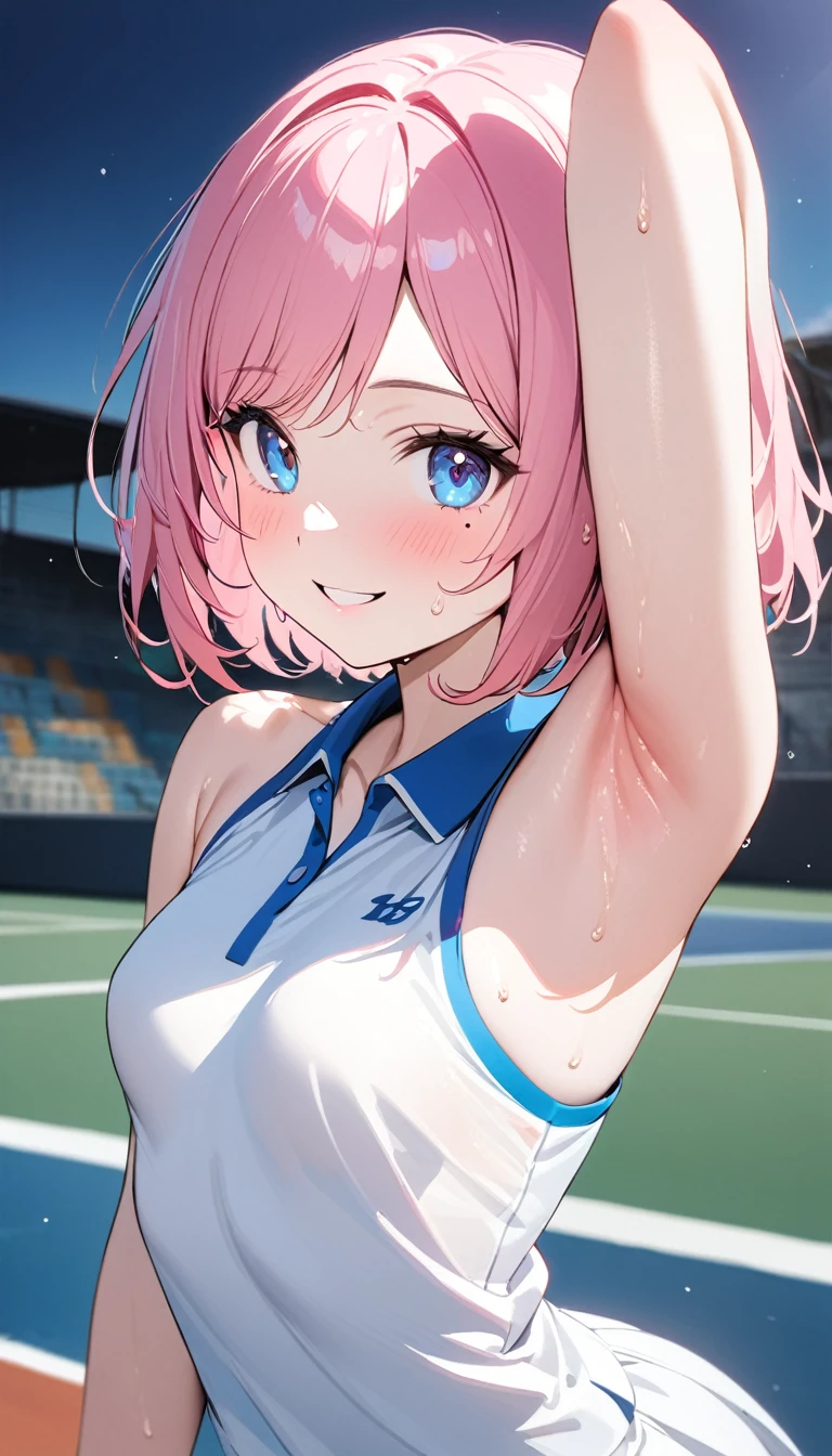 (1 girl),(Best Picture Quality, 8K, Masterpiece:1.3), (high school student:1.5), ((pink lob hair:1.1)), (bob cut),(swept bangs), (cute eyes, pupil black, iris skyblue, youthful face), (mole under right eye), (standard weight), (small breasts), (glistening skin:1.1),(pale skin:1.2),((showing armpits)),((tennis uniform)),(Smile),(sweat),