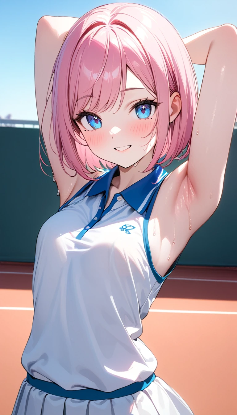 (1 girl),(Best Picture Quality, 8K, Masterpiece:1.3), (high school student:1.5), ((pink lob hair:1.1)), (bob cut),(swept bangs), (cute eyes, pupil black, iris skyblue, youthful face), (mole under right eye), (standard weight), (small breasts), (glistening skin:1.1),(pale skin:1.2),((showing armpits)),((tennis uniform)),(Smile),(sweat),