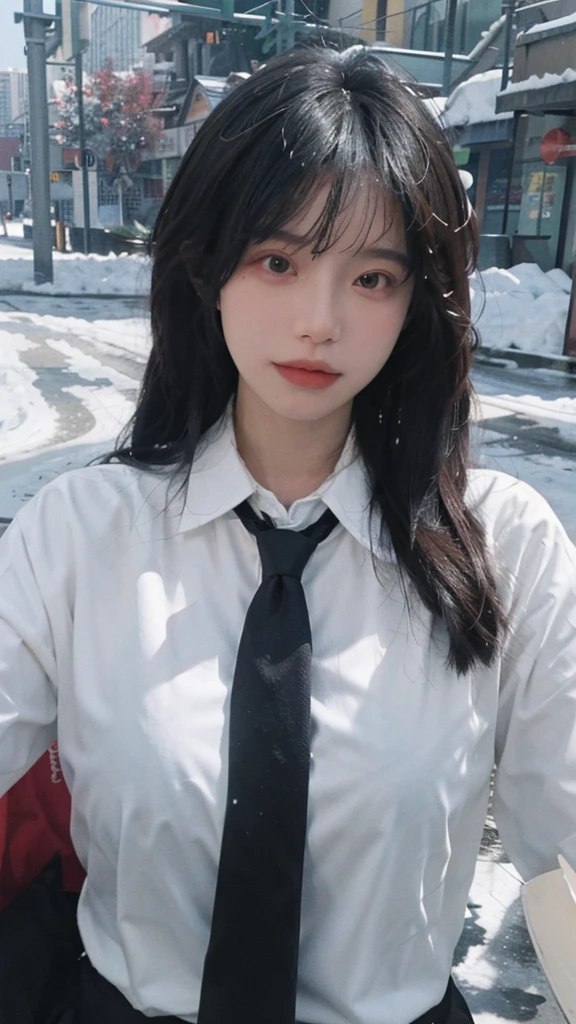 Best quality，masterpiece，Ultra-high resolution，snow，16K,Snow background，（Photo Realism：1.4),1 Girl，JK，Sexy，（Shirt and Tie：1.2),（Big breasts：1.3),（Upper body：1.4)