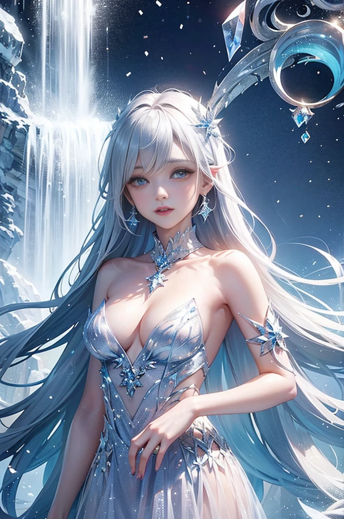 wood, Exquisite mini ice spikes and crystals, A frozen waterfall in the background, Light reflected by ice crystals, Flowing snowflakes、pretty girl,Small and beautiful breasts,Beautiful cleavage、Crystal Dress
