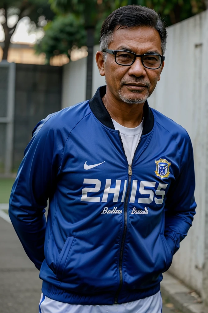 make me a football coach in his 50s wearing a Persib Bandung club jacket and wearing glasses