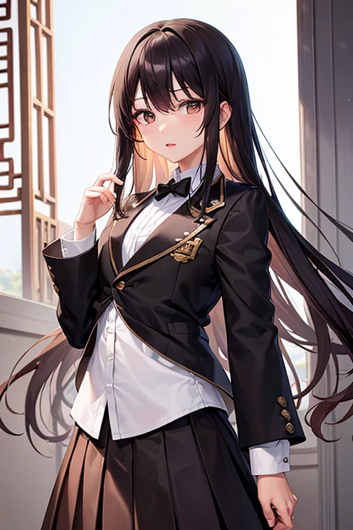 Chinese hair teenager, king, brown eyes, wide lips, with skirt and white long-sleeved shirt and black jacket