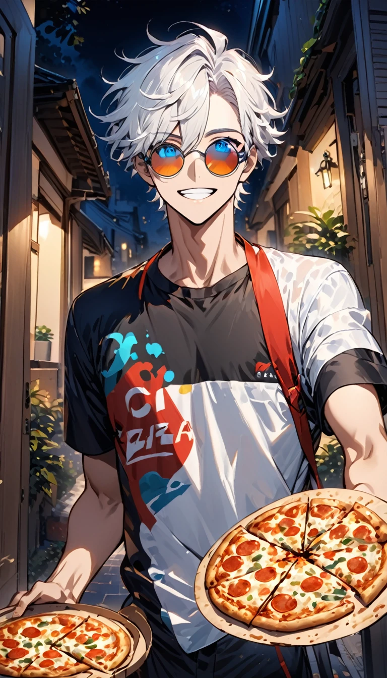 Man with circular sunglasses, white hair and light blue eyes, pizza delivery clothes, delivering a pizza. from the front with a carefree smile, at night in front of the door that illuminates his body in the dark