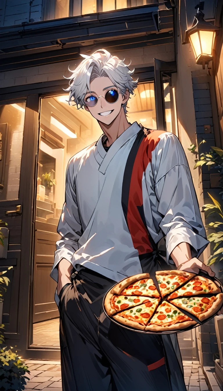 Man with circular sunglasses, white hair and light blue eyes, pizza delivery clothes, delivering a pizza. from the front with a carefree smile, at night in front of the door that illuminates his body in the dark