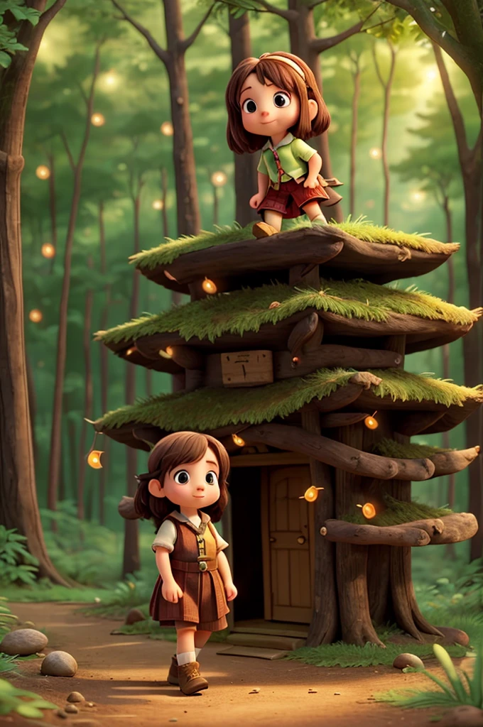 A dwarf girl is walking into the forest and is on top of a groundhog and there are fireflies