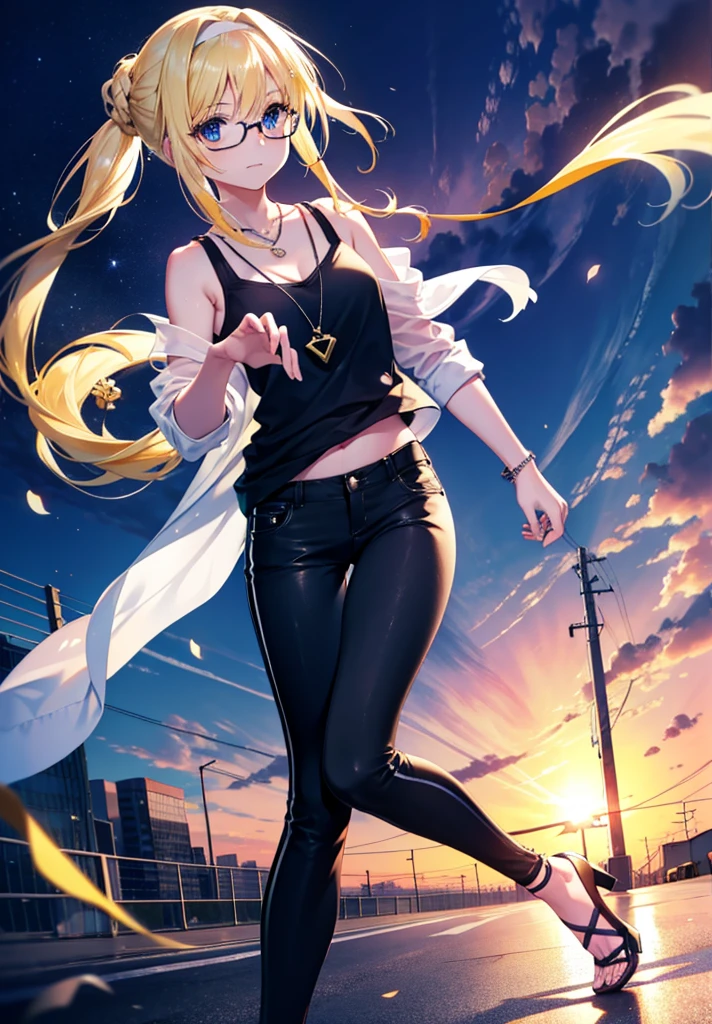 Alicesburg, Alice Zuberg, bangs, blue eyes, Blonde, Hair between the eyes, Very long hair, Braiding, hair band, white hair band,Black-rimmed glasses,Yellow Tank Top,Locket Necklace,skinny pants,Stiletto heels,Walking,morning,morning陽,The sun is rising,whole bodyがイラストに入るように,smile,blush,
break outside, Residential Street,
break looking at viewer, whole body,
break (masterpiece:1.2), Highest quality, High resolution, unity 8k wallpaper, (figure:0.8), (Beautiful attention to detail:1.6), Highly detailed face, Perfect lighting, Highly detailed CG, (Perfect hands, Perfect Anatomy),