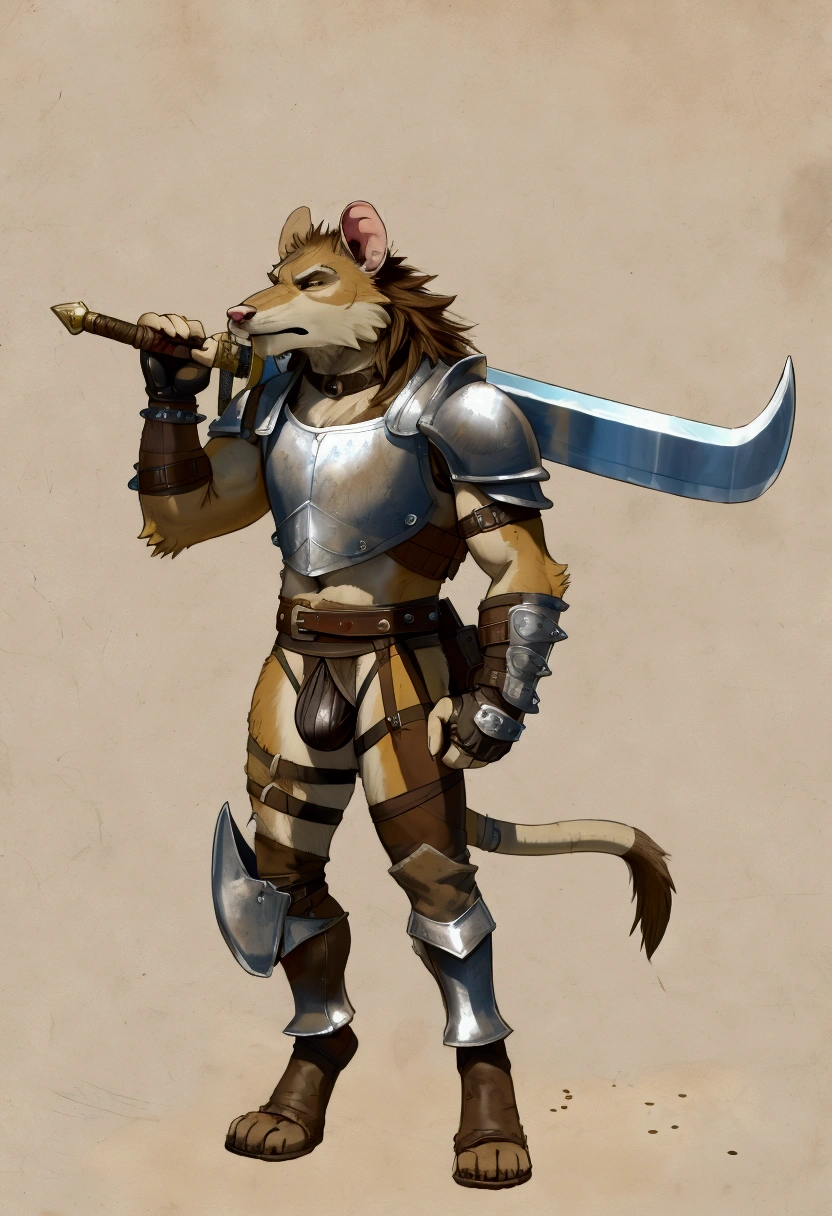 Solo Sexy young anthro furry rat male mercenary medieval solider, slim slim muscular, anthro handsome gay shorter muzzle, handsome gay model male apperance, sword scars, worn out leather skimpy armament, low on hips heavy leather belt, old very worn out skimpy dirty linen material jockstrap, old yellow dirty worn out stains on white sawn jockstrap, very visible "x" brown seam pattern on the jockstrap, hard dick shape under jockstrap, precum cum drops through jockstrap, studded skimpy armlets breastplate armor, skimpy breastplate, leather bondages, fingerless leather gloves, smelly unwashed furr, dirty body look, desert battlefield, standing in sexy fighting position, close view of full character