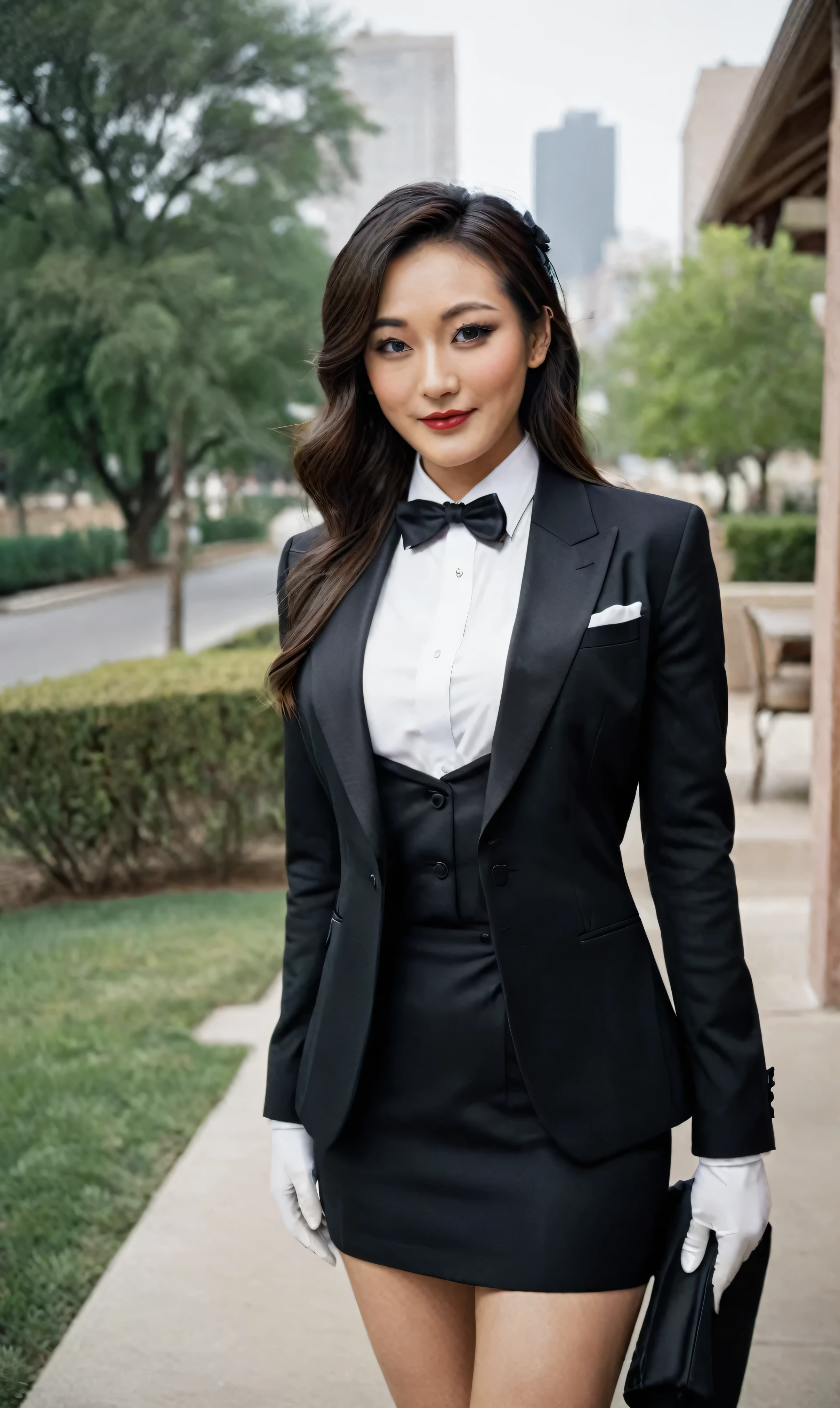 a beautiful picture of fukuharaXL ,woman,detailed skin texture,masterpiece, photorealistic, light, RAW color photo,(fully in frame:1.1), (blush:0.5), (goosebumps:0.5),(((black silk skirt suit))), (((three-piece suit))), (((tuxedo))), (((dress shirt))), (((black bowtie))), (((black blazer))), (((dinner jacket))), (((waistcoat))), double-breasted waistcoat, (((bodycon miniskirt))), pocket square, cufflinks, white gloves,detailed face,outdoors, (smile:0.5), film grain,cinematic lightning,fujifilm ,detailed eyes,camera, smile, office background, hair down, makeup, lipstick, mascara, eyeliner, eyeshadow, silky glossy hair, high heels, pinup pose, slender figure, cummerbund