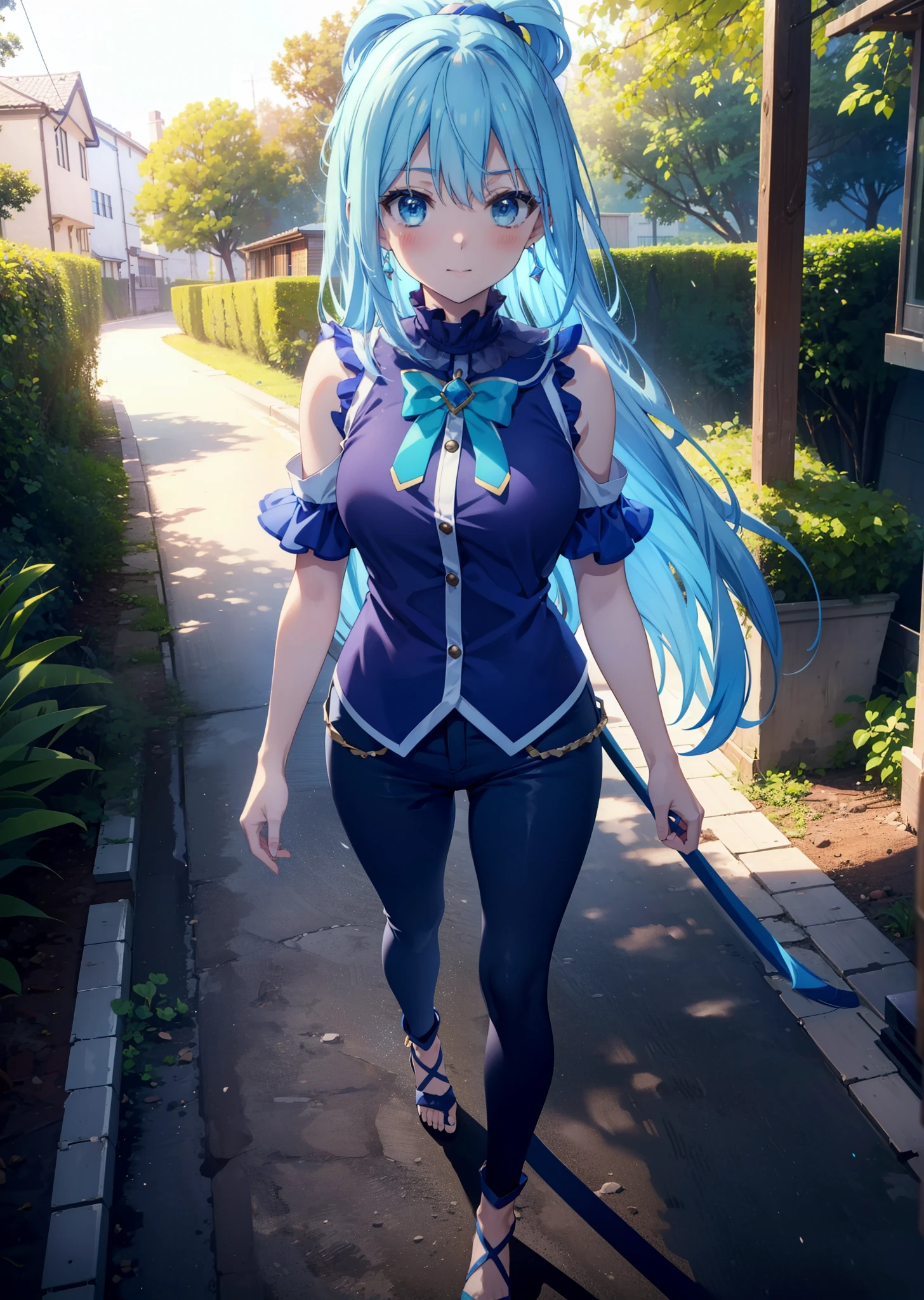 konosubaAqua, Aqua, Long Hair, blue eyes, hair ornaments, very Long Hair, Blue Hair, Hair Ring, シングルHair Ring, Hair ties,smile,blush,Cold Shoulder Shirt,Short sleeve,skinny pants,Stiletto heels,Walking,morning,morning陽,The sun is rising,whole bodyがイラストに入るように,
break outdoor, Residential Street,
break looking at viewer, whole body,
break (masterpiece:1.2), Highest quality, High resolution, unity 8k wallpaper, (figure:0.8), (Beautiful attention to detail:1.6), Highly detailed face, Perfect lighting, Highly detailed CG, (Perfect hands, Perfect Anatomy),