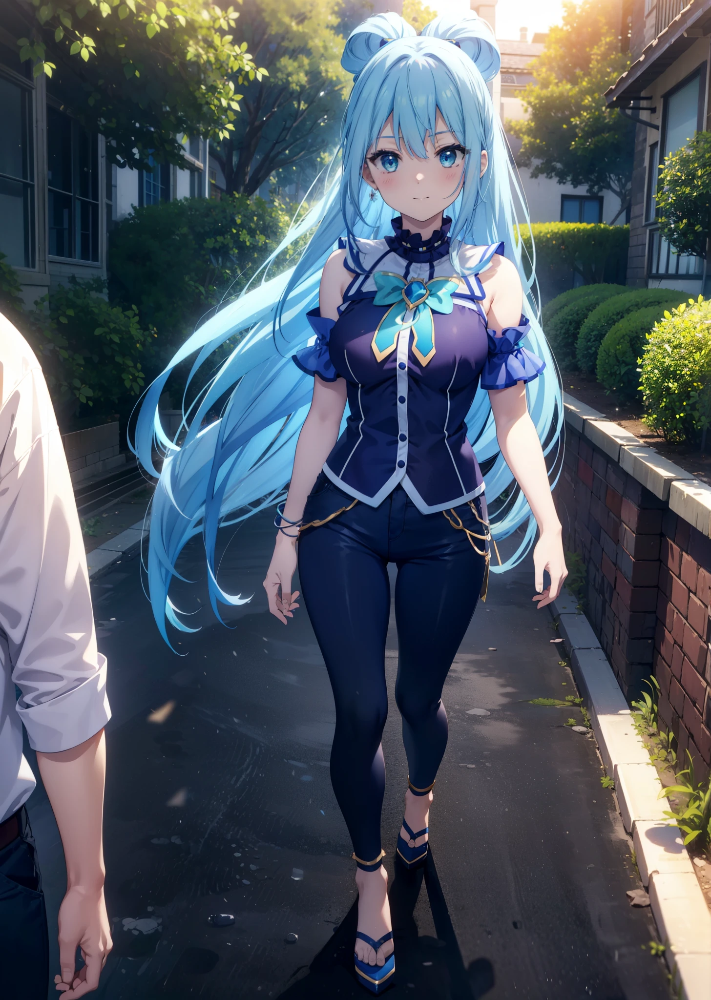 konosubaAqua, Aqua, Long Hair, blue eyes, hair ornaments, very Long Hair, Blue Hair, Hair Ring, シングルHair Ring, Hair ties,smile,blush,Cold Shoulder Shirt,Short sleeve,skinny pants,Stiletto heels,Walking,morning,morning陽,The sun is rising,whole bodyがイラストに入るように,
break outdoor, Residential Street,
break looking at viewer, whole body,
break (masterpiece:1.2), Highest quality, High resolution, unity 8k wallpaper, (figure:0.8), (Beautiful attention to detail:1.6), Highly detailed face, Perfect lighting, Highly detailed CG, (Perfect hands, Perfect Anatomy),