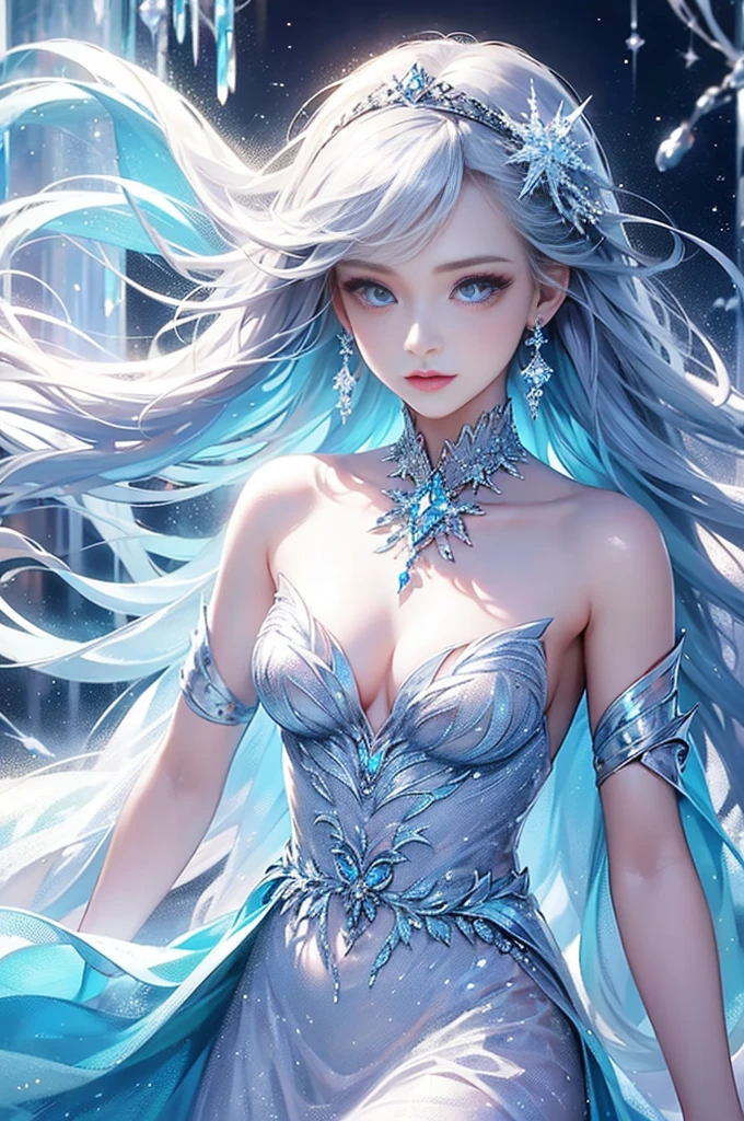 wood, Exquisite mini ice spikes and crystals, A frozen waterfall in the background, Light reflected by ice crystals, Flowing snowflakes、pretty girl,Small and beautiful breasts,Beautiful cleavage、Crystal Dress