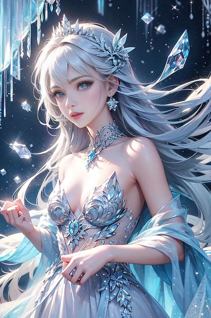 wood, Exquisite mini ice spikes and crystals, A frozen waterfall in the background, Light reflected by ice crystals, Flowing snowflakes、pretty girl,Small and beautiful breasts,Beautiful cleavage、Crystal Dress
