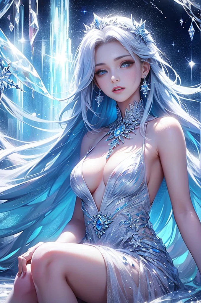 wood, Exquisite mini ice spikes and crystals, A frozen waterfall in the background, Light reflected by ice crystals, Flowing snowflakes、pretty girl,Small and beautiful breasts,Beautiful cleavage、Crystal Dress