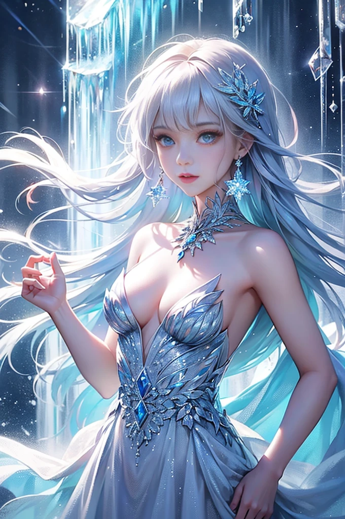 wood, Exquisite mini ice spikes and crystals, A frozen waterfall in the background, Light reflected by ice crystals, Flowing snowflakes、pretty girl,Small and beautiful breasts,Beautiful cleavage、Crystal Dress