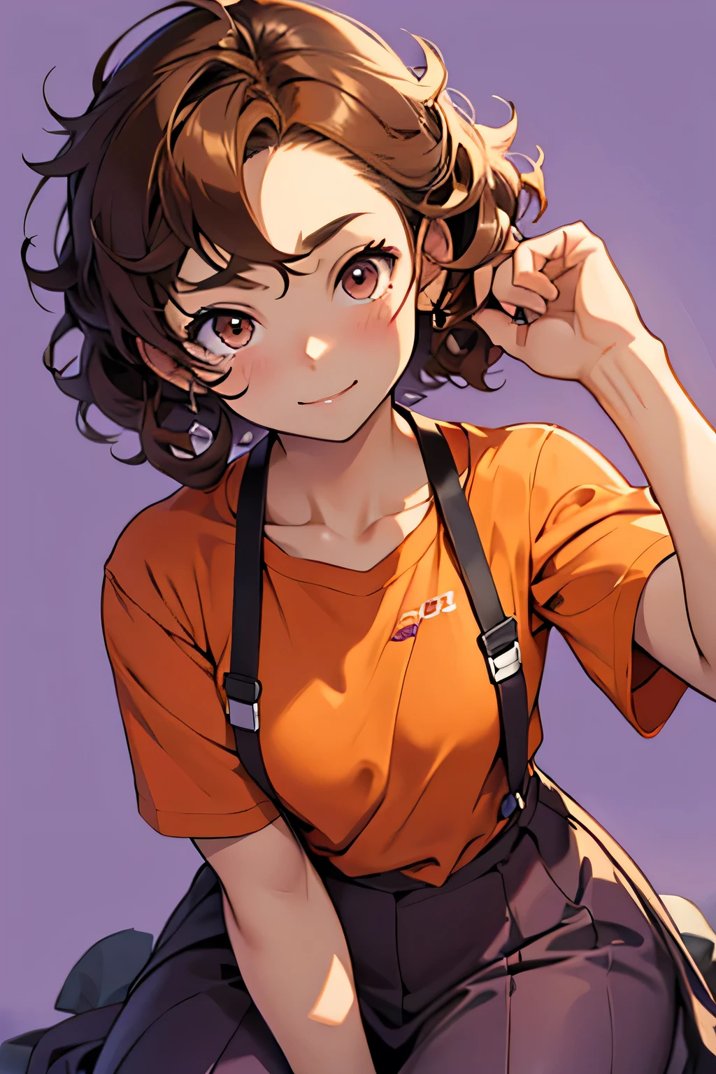 cute anime girl with short curly brown hair and brown eyes in a purple and orange background