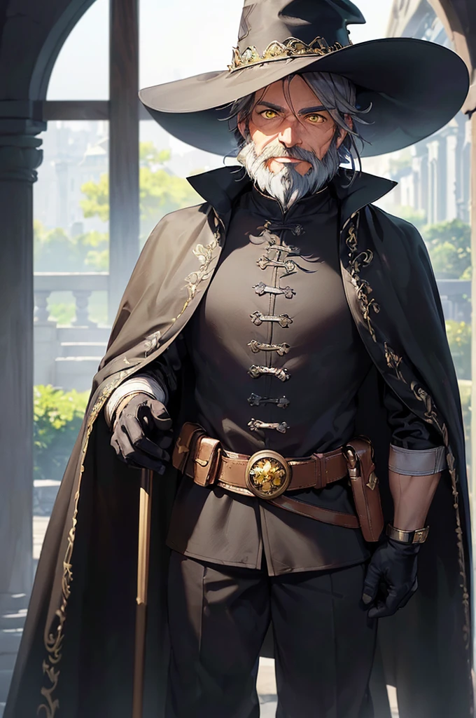 (((masterpiece; best quality: 1.2))), (finely detailed eyes: 1.3), (70 year old man), (solo), (yellow eyes: 1.4), (body; old, fit, masculine: 1.3), (grey hair and beard: 1.3), (beautiful and clear background: 1.2), ((depth of field)), (equipment: wanderer traveler dark attire + long dark robe + dark pants + dark wide-brimmed hat + dark gloves + dark cape + belt + pouches: 1.3), (anime illustration: 1.2), (background composition; royal garden: 1.1), (extremely fine and beautiful: 1.1), (shot composition; standing + centered on torso + close-up: 1.5), (expression; calm, smile: 1.2)