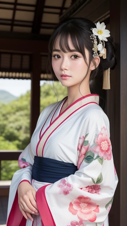 Realistic、frontage、RAW Photos、Highest quality、Upper body facing forward、masterpiece、(realism:1.2)、1 female、frontage、Upper body、kimono、Shrine maiden、Detailed face、Beautiful Eyes、shrine、白と赤のkimono、Beautiful Face、Big eyes、Beauty