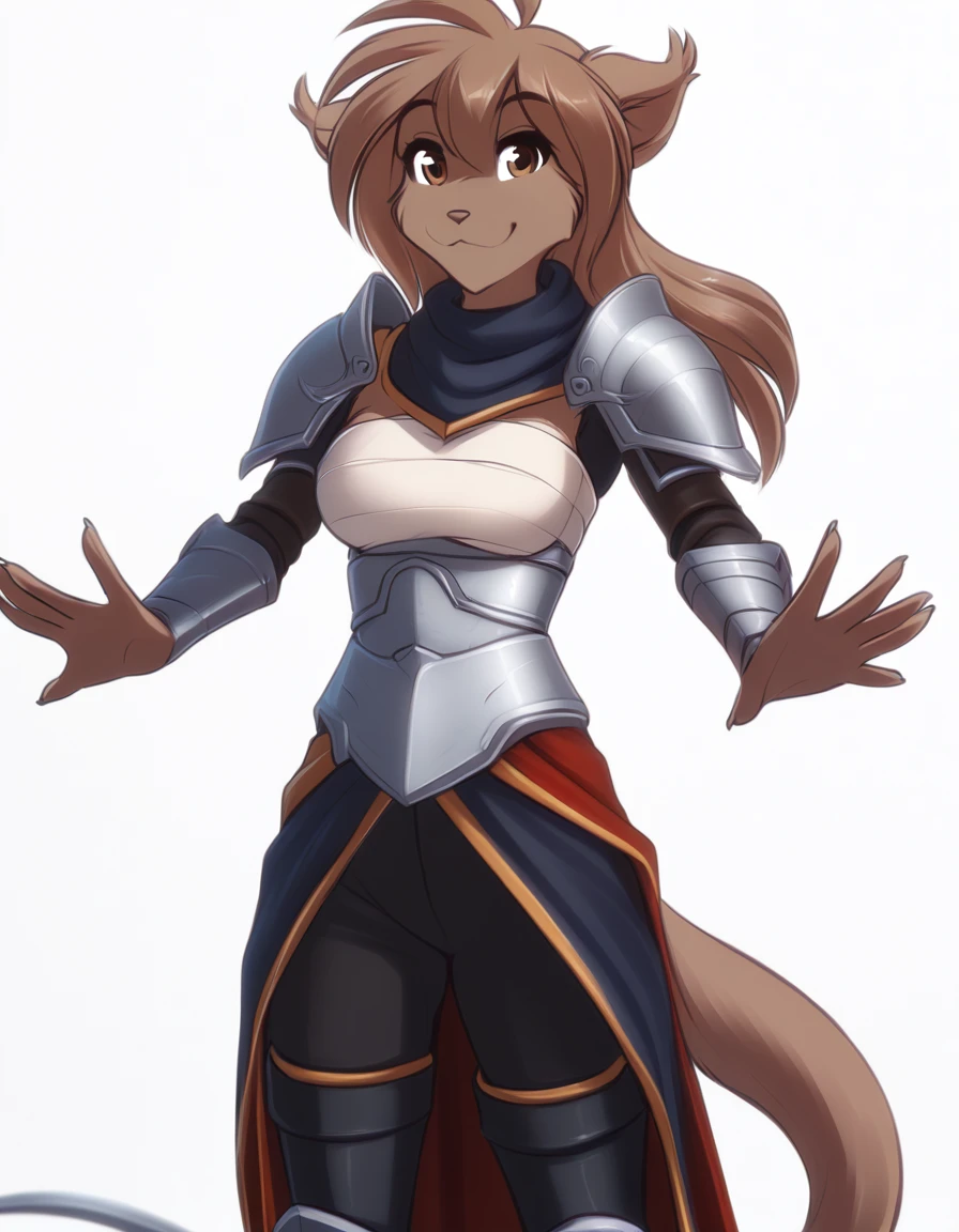solo, tknanie, keidran, mammal, pantherine, natani_(twokinds), natani twokinds, twokinds, personalami, rating:safe, white background, white_background, brown fur, brown hair, brown eyes, female, big breasts, chest_wraps, wraps armor knight suit boots swords long hands helmet knight