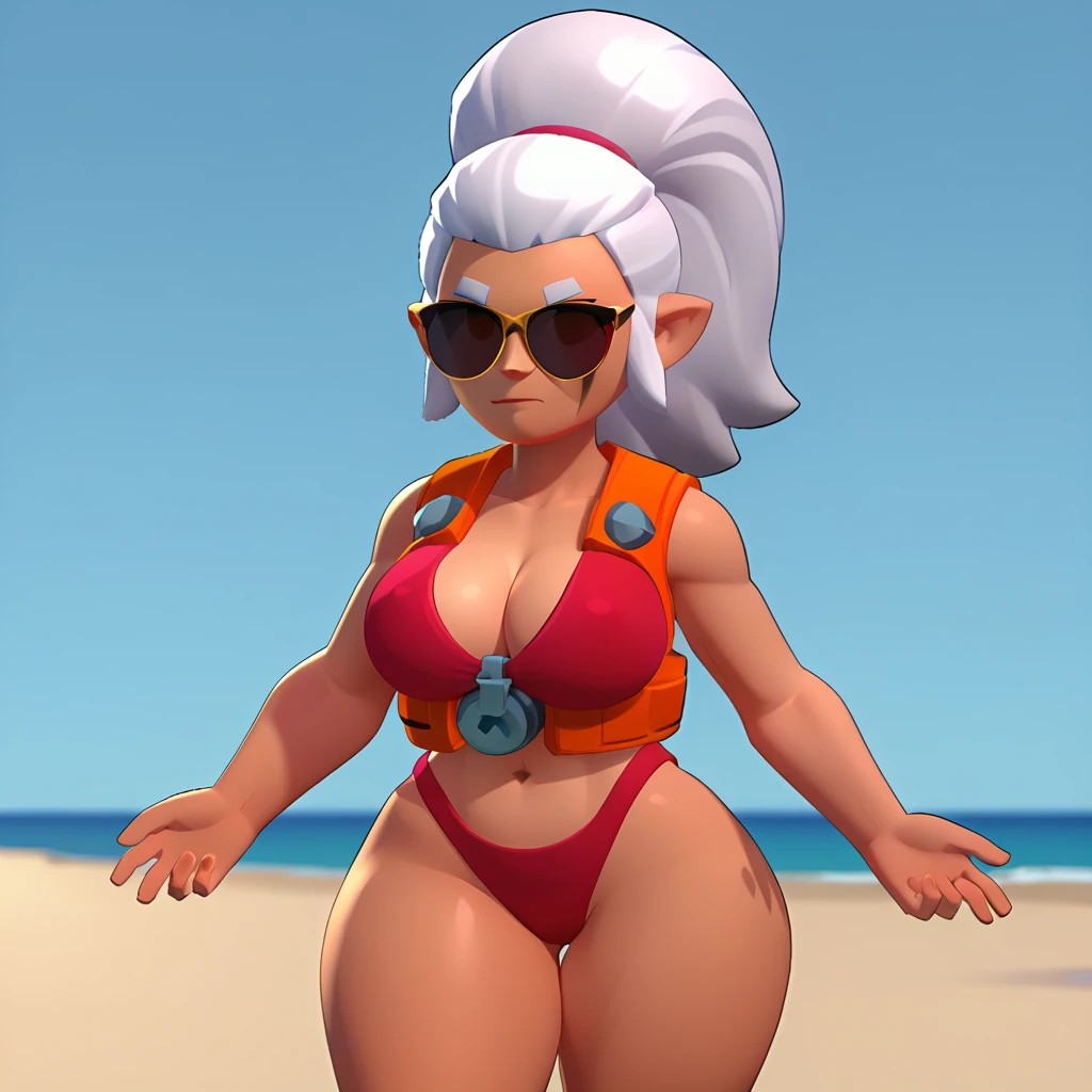 a blue-skinned triceratops, female, triceratops animals, triceratops dinosaur, Dwarf, wearing a red swimsuit and sunglasses, with a pink and white life jacket, brawl, brawl stars, naked big breasts, thick thighs, White hair