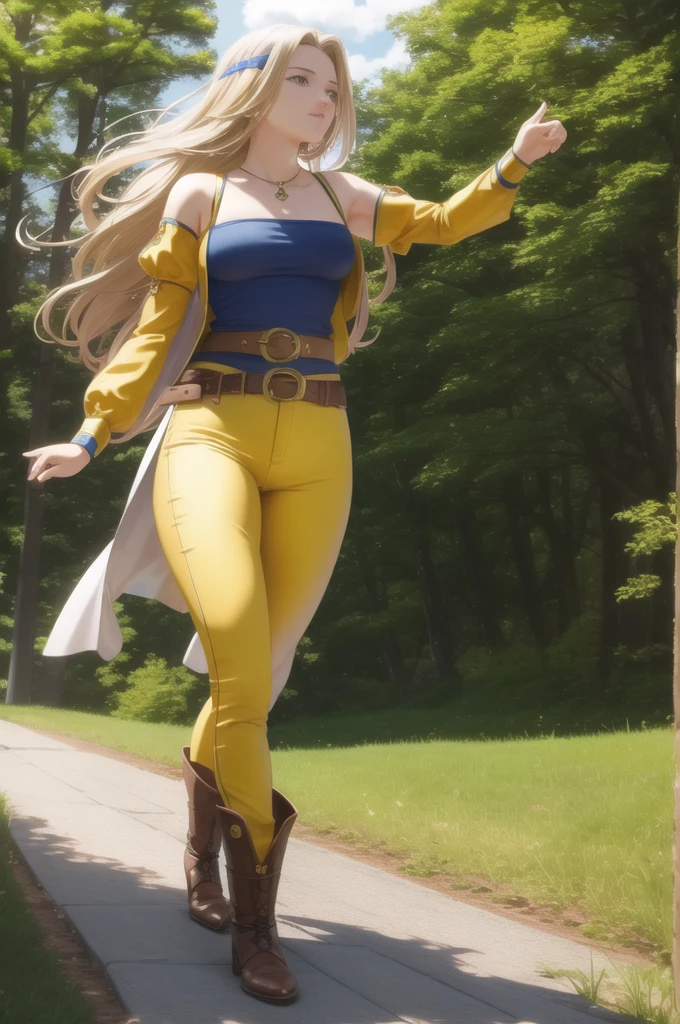 masterpiece, best quality, celes chere, yellow vest, detached sleeves, blue shirt, belt, yellow pants, white boots, from side, walking, looking at viewer, forest