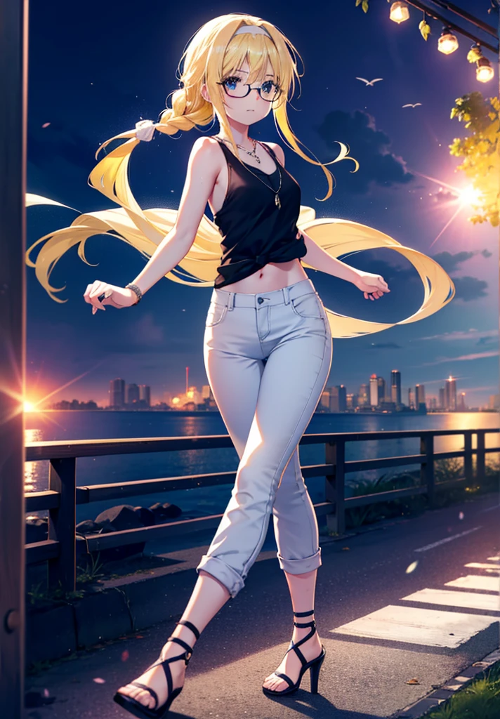 Alicesburg, Alice Zuberg, bangs, blue eyes, Blonde, Hair between the eyes, Very long hair, Braiding, hair band, white hair band,Black-rimmed glasses,Yellow Tank Top,Locket Necklace,skinny pants,Stiletto heels,Walking,morning,morning陽,The sun is rising,whole bodyがイラストに入るように,smile,blush,
break outside, Residential Street,
break looking at viewer, whole body,
break (masterpiece:1.2), Highest quality, High resolution, unity 8k wallpaper, (figure:0.8), (Beautiful attention to detail:1.6), Highly detailed face, Perfect lighting, Highly detailed CG, (Perfect hands, Perfect Anatomy),