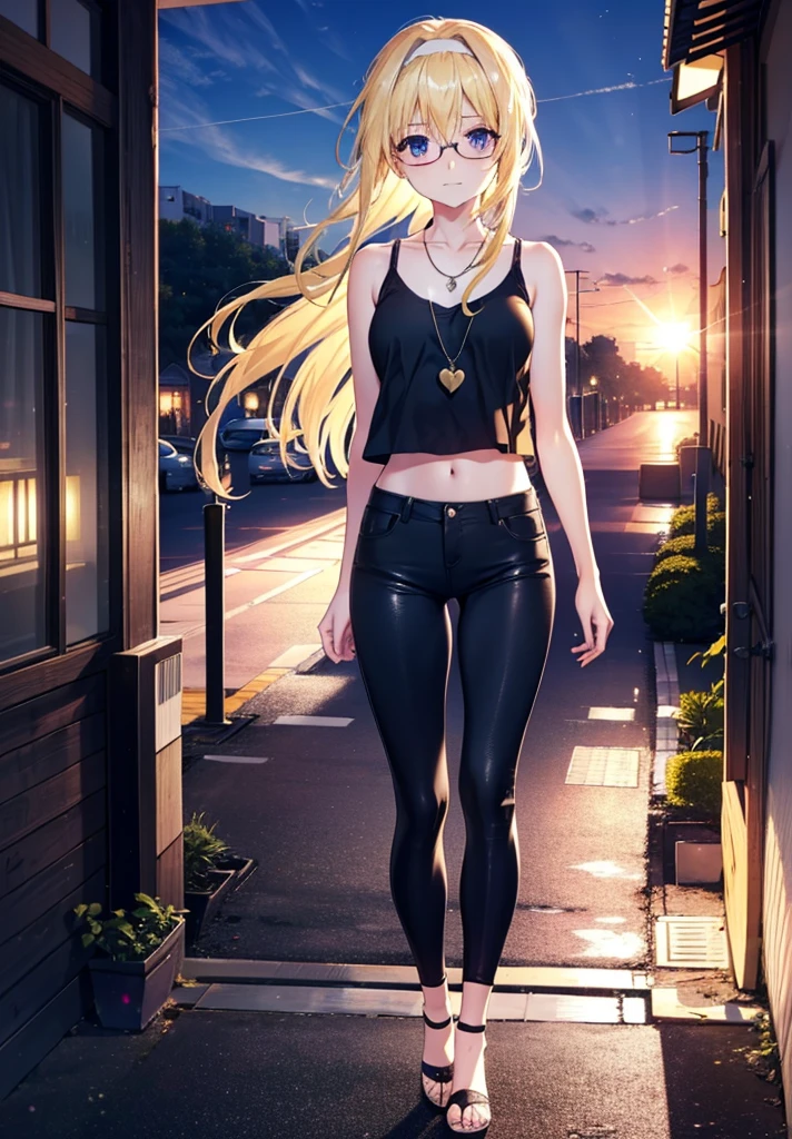 Alicesburg, Alice Zuberg, bangs, blue eyes, Blonde, Hair between the eyes, Very long hair, Braiding, hair band, white hair band,Black-rimmed glasses,Yellow Tank Top,Locket Necklace,skinny pants,Stiletto heels,Walking,morning,morning陽,The sun is rising,whole bodyがイラストに入るように,smile,blush,
break outside, Residential Street,
break looking at viewer, whole body,
break (masterpiece:1.2), Highest quality, High resolution, unity 8k wallpaper, (figure:0.8), (Beautiful attention to detail:1.6), Highly detailed face, Perfect lighting, Highly detailed CG, (Perfect hands, Perfect Anatomy),