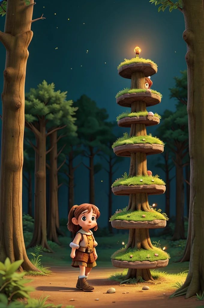 A dwarf girl is walking towards the forest ,and the dwarf girl is on top of a groundhog ,and there are fireflies