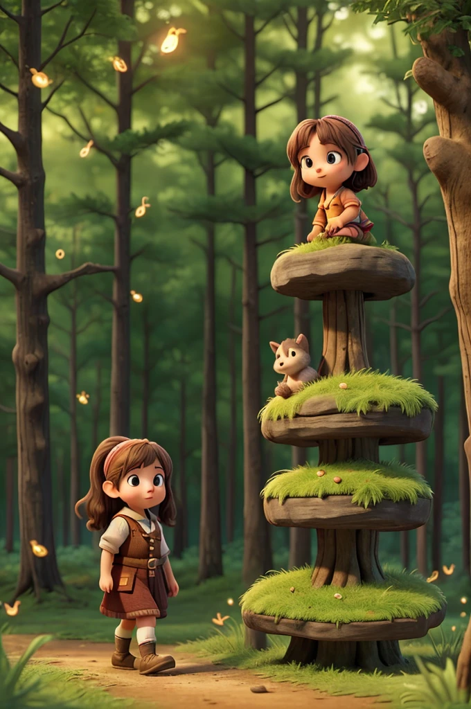 A dwarf girl is walking towards the forest ,and the dwarf girl is on top of a groundhog ,and there are fireflies