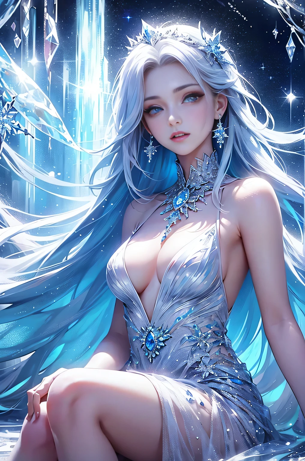 wood, Exquisite mini ice spikes and crystals, A frozen waterfall in the background, Light reflected by ice crystals, Flowing snowflakes、pretty girl,Small and beautiful breasts,Beautiful cleavage、Crystal Dress
