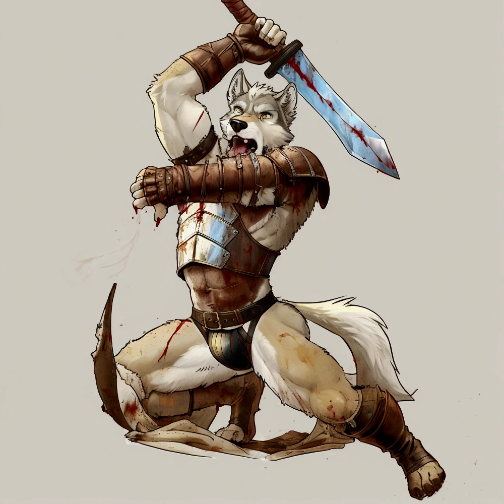 Solo Sexy young anthro furry wolf male mercenary medieval solider, slim slim muscular, anthro handsome gay shorter muzzle, handsome gay model male apperance, sword scars, worn out leather skimpy armament, low on hips heavy leather belt, old very worn out skimpy dirty linen material jockstrap, old yellow dirty worn out stains on white sawn jockstrap, very visible "x" brown seam pattern on the jockstrap, studded skimpy armlets breastplate armor, skimpy breastplate, leather bondages, fingerless leather gloves, smelly unwashed furr, dirty body look, desert battlefield, standing in sexy fighting position, close view of full character, agressive angry shout, agressive look, angry, blooded sword, blood, blooded armor