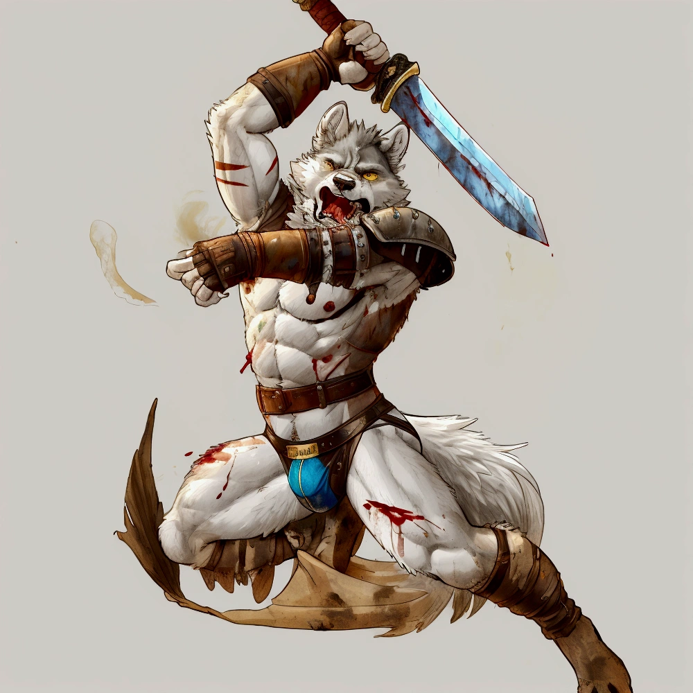 Solo Sexy young anthro furry wolf male mercenary medieval solider, slim slim muscular, anthro handsome gay shorter muzzle, handsome gay model male apperance, sword scars, worn out leather skimpy armament, low on hips heavy leather belt, old very worn out skimpy dirty linen material jockstrap, old yellow dirty worn out stains on white sawn jockstrap, very visible "x" brown seam pattern on the jockstrap, studded skimpy armlets breastplate armor, skimpy breastplate, leather bondages, fingerless leather gloves, smelly unwashed furr, dirty body look, desert battlefield, standing in sexy fighting position, close view of full character, agressive angry shout, agressive look, angry, blooded sword, blood, blooded armor