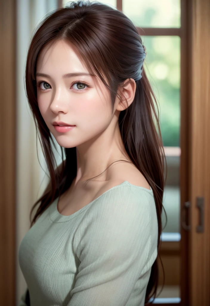 8K, of the highest quality, masutepiece:1.2), (Realistic, Photorealsitic:1.37), of the highest quality, masutepiece, Beautiful young woman, Pensive expression,、A charming、And a gentle look, Cute young lady, Newlywed life、Welcome back、Happy expression、Hair tied back, Cinematic background, Light skin tone