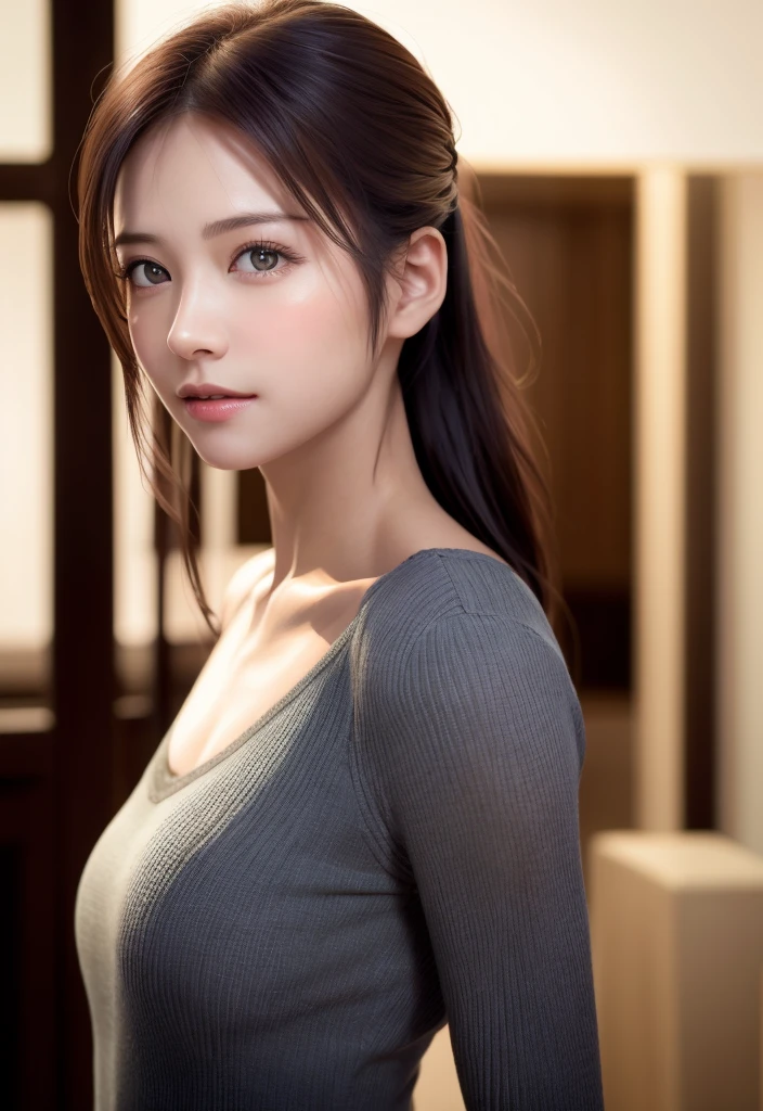 8K, of the highest quality, masutepiece:1.2), (Realistic, Photorealsitic:1.37), of the highest quality, masutepiece, Beautiful young woman, Pensive expression,、A charming、And a gentle look, Cute young lady, Newlywed life、Welcome back、Happy expression、Hair tied back, Cinematic background, Light skin tone