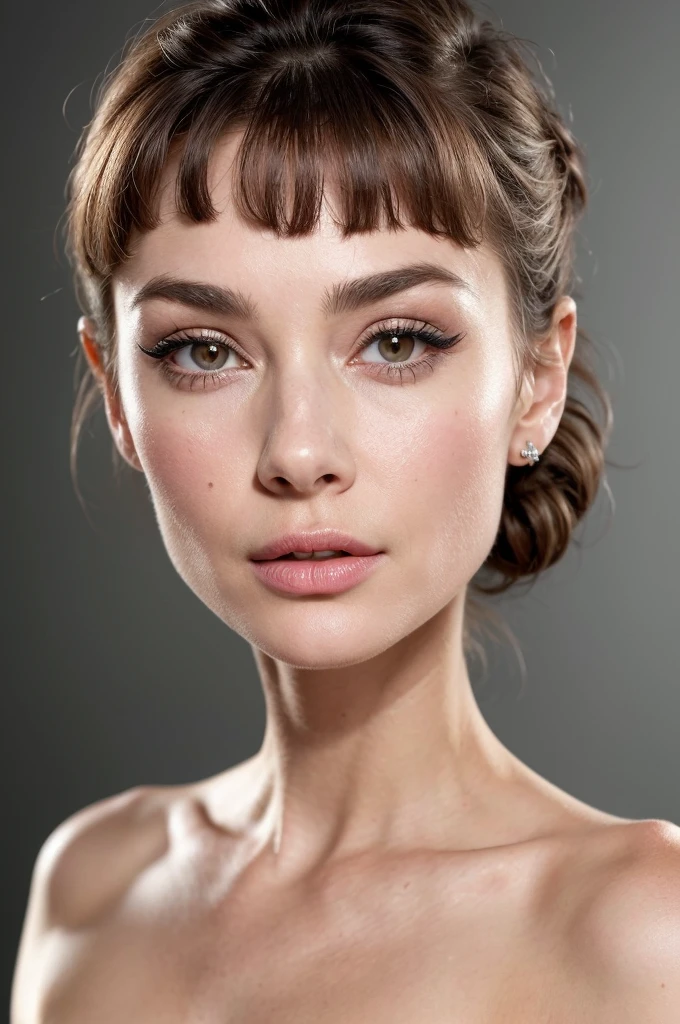 ((best quality, exceptional visual quality)), ((better skin texture, premium material)), ((upper body portrait)), (a hollywood starlet, similar to audrey hepburn, sex symbol darling), the kind of actress who gets all the big roles because of her good looks reminiscent of audrey hepburn, short hair, short blunt bangs, (eye makeup, eyeliner), risqué topless photoshoot