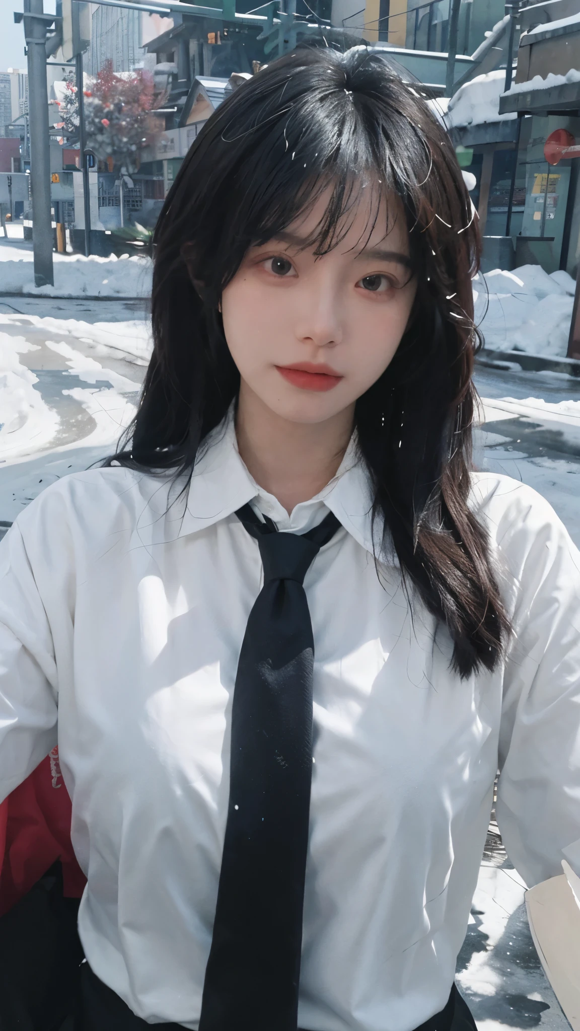 Best quality,masterpiece,Ultra-high resolution,snow,16K,Snow background,(Photo Realism:1.4),1 Girl,JK,Sexy,(Shirt and Tie:1.2),(Big breasts:1.3),(Upper body:1.4)