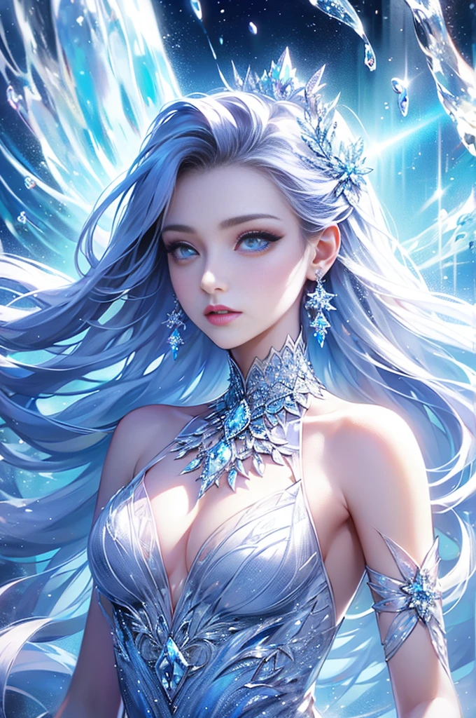 wood, Exquisite mini ice spikes and crystals, A frozen waterfall in the background, Light reflected by ice crystals, Flowing snowflakes、pretty girl,Small and beautiful breasts,Beautiful cleavage、Crystal Dress