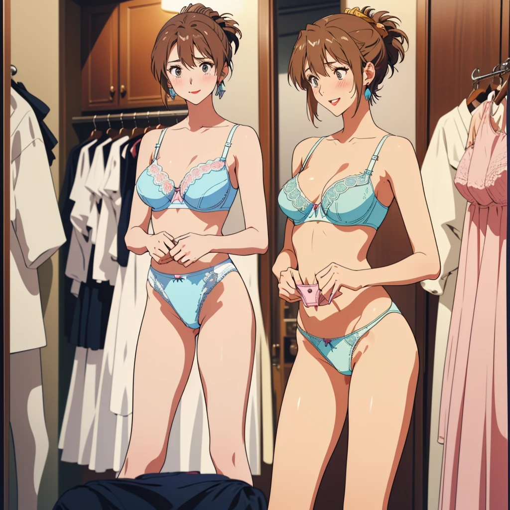 masterpiece, top quality, ultra detailed, ((((AIKA_SUMERAGI, folded ponytail, best anatomy, in underwear, (panties, elaborately designed luxury panties for adults, panties high definition images, draw panties with super precision), lace trimmed bra, extremely detailed texture, earrings, red lip, embarrassed, blush, smile)))), cowboy shot, (((underwear in dressing room))), white skin, (presenting panties), (display panties:1.5),holding panties with both hands