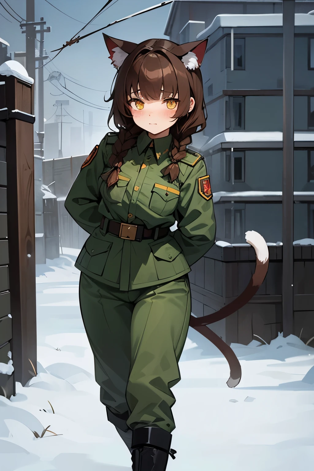 soft, cute adult neko with cat ears, medium length luscious brown hair with 1 short braid near the face, yellow eyes, cat tail. Russian GULAG security  uniform in prison форма  НКВД СССР....... Prison GULAG ..... Sexy horny lusty sluty... GULAG NKVD Siberia .... Barracks with Soviet posters, snow and a fence with barbed wire outside the window 