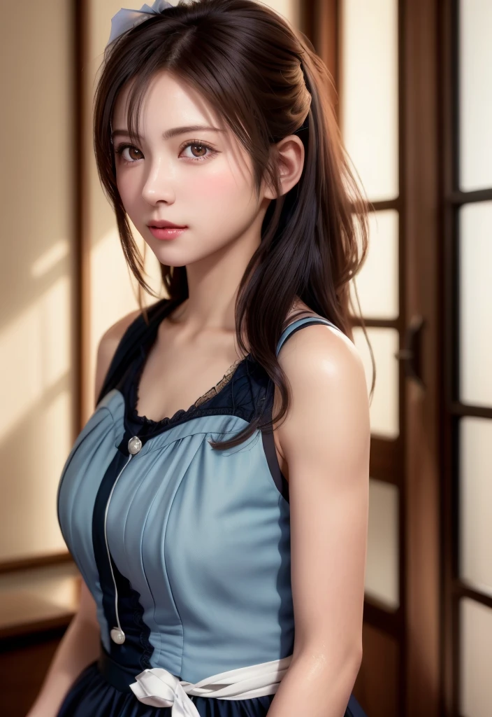 8K, of the highest quality, masutepiece:1.2), (Realistic, Photorealsitic:1.37), of the highest quality, masutepiece, Beautiful young woman, Pensive expression,、A charming、and an inviting look, Cute Maid Clothes, Hair tied back, Cinematic background, Light skin tone