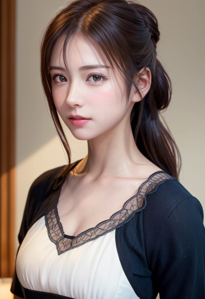 8K, of the highest quality, masutepiece:1.2), (Realistic, Photorealsitic:1.37), of the highest quality, masutepiece, Beautiful young woman, Pensive expression,、A charming、and an inviting look, Cute Maid Clothes, Hair tied back, Cinematic background, Light skin tone