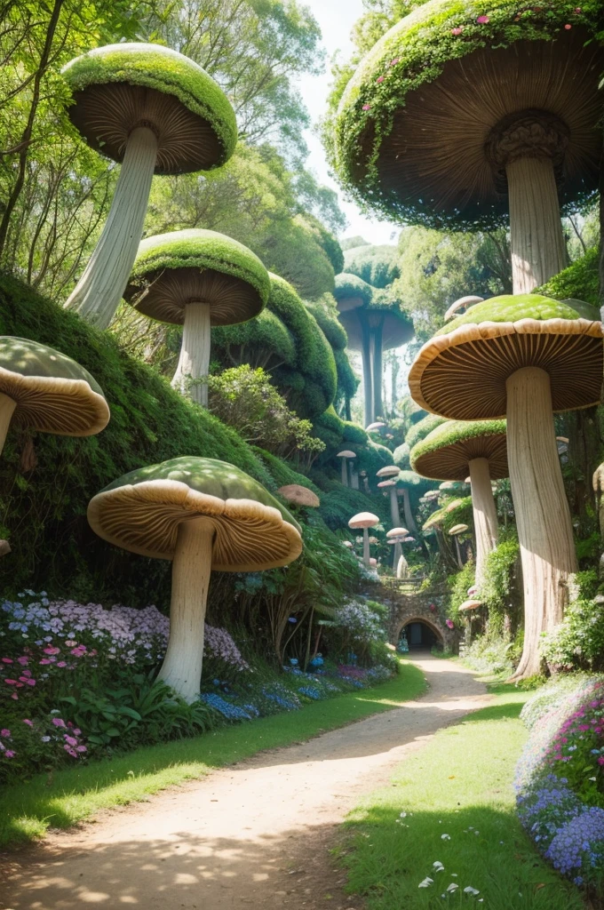Uma floresta encantada,with giant mushrooms and beautiful flowers, and a path that goes towards a gate named after "wonderland"