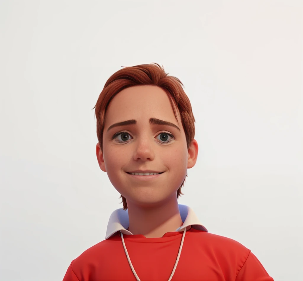 8 year old boy, light brown hair color, blue eyes, white skin color, wearing a red blouse.