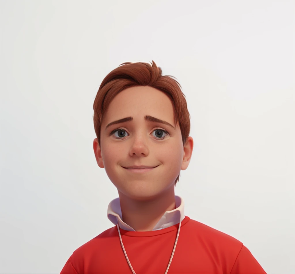 8 year old boy, light brown hair color, blue eyes, white skin color, wearing a red blouse.