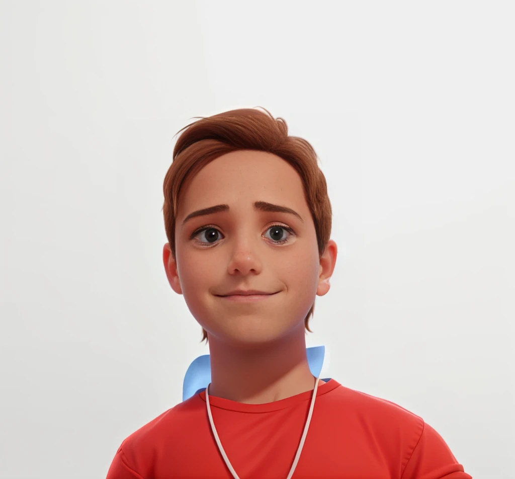 8 year old boy, light brown hair color, blue eyes, white skin color, wearing a red blouse.