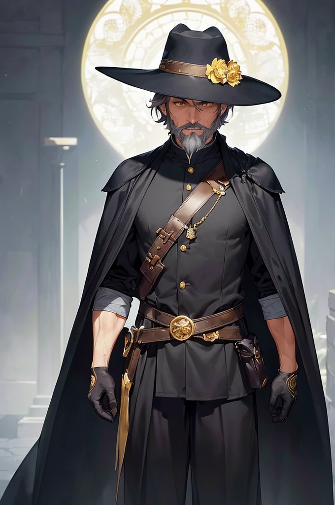 (((masterpiece; best quality: 1.2))), (finely detailed eyes: 1.3), (70 year old man), (solo), (yellow eyes: 1.4), (body; old, fit, masculine: 1.3), (grey hair and beard: 1.3), (beautiful and clear background: 1.2), ((depth of field)), (equipment: wanderer traveler dark attire + long dark robe + dark pants + dark wide-brimmed hat + dark gloves + dark cape + belt + pouches: 1.3), (anime illustration: 1.2), (background composition; royal garden: 1.1), (extremely fine and beautiful: 1.1), (shot composition; standing + centered on torso + close-up: 1.5), (expression; calm, smile: 1.2)