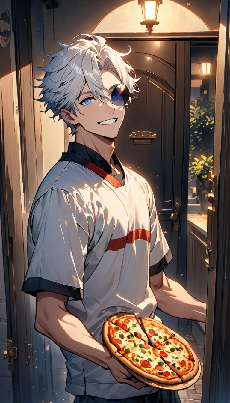 Man with circular sunglasses, white hair and light blue eyes, pizza delivery clothes, delivering a pizza. from the front with a carefree smile, at night in front of the door that illuminates his body in the dark