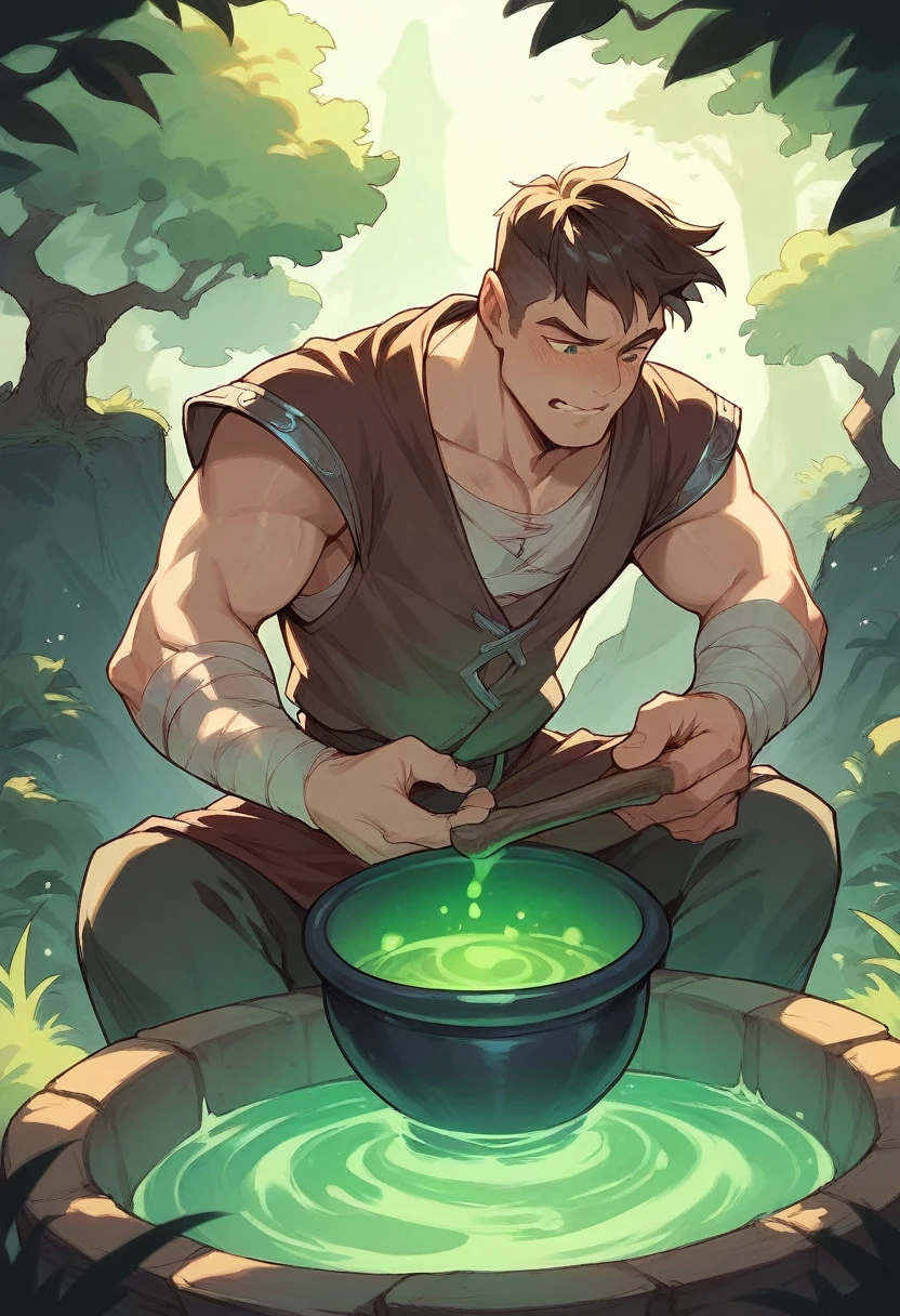 A wizard man, doing magic in the forest in a cauldron 