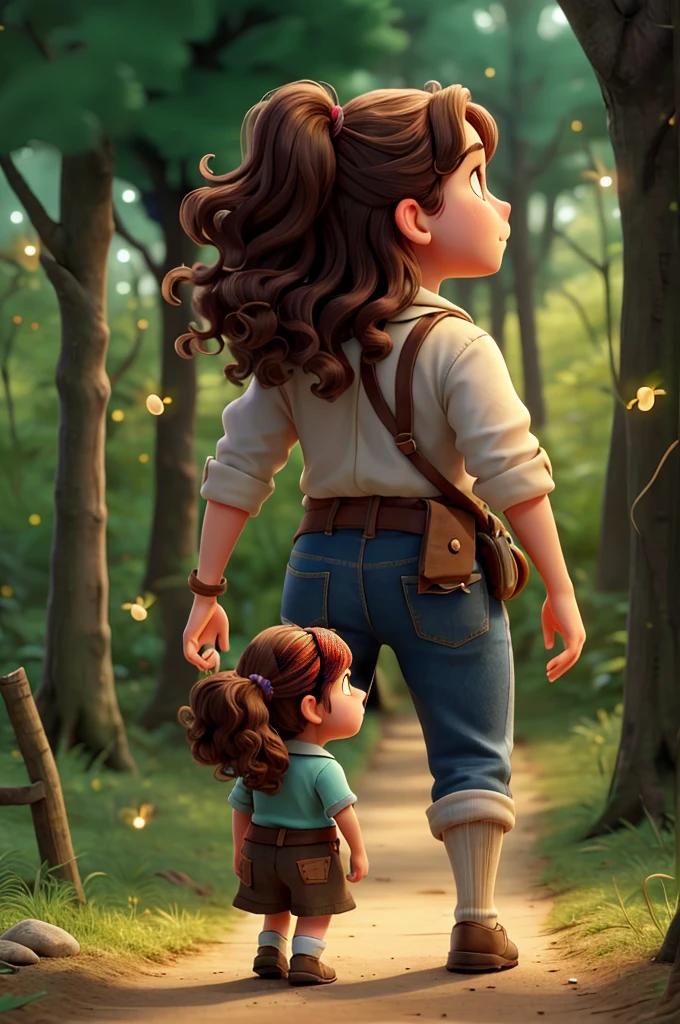 a dwarf girl, wavy hair, he is walking towards the forest with his back turned, and the dwarf girl is on top of a groundhog ,and there are fireflies