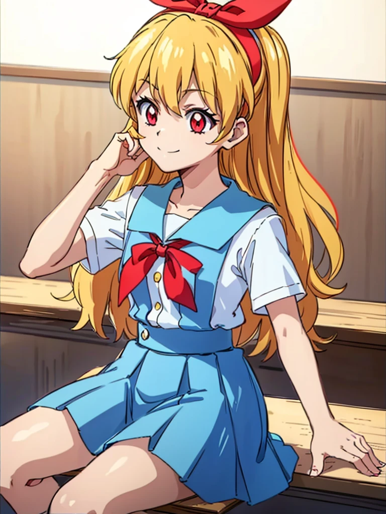 (red ribbon on hairband:1.2),（8K, best quality, muste piece:1.2)、ultra high resolution,1 very cute girl,hosimiya ichigo,ultra-detailed face, detailed eyes,RED eyes,,White sailor collar plain short sleeve shirt,light blue skirt,Light blue suspenders,uniform_red ribbon,Blonde Hair,long hair、detailed hand fingers,hand in own hair,smirk、sitting in a chair,desk in front of her,,classroom