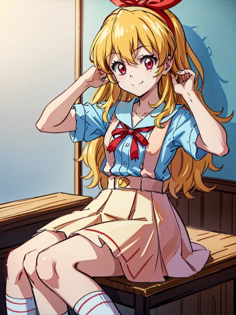 (red ribbon on hairband:1.2),(8K, best quality, muste piece:1.2)、ultra high resolution,1 very cute girl,hosimiya ichigo,ultra-detailed face, detailed eyes,RED eyes,,White sailor collar plain short sleeve shirt,light blue skirt,Light blue suspenders,uniform_red ribbon,Blonde Hair,long hair、detailed hand fingers,hand in own hair,smirk、sitting in a chair,desk in front of her,,classroom